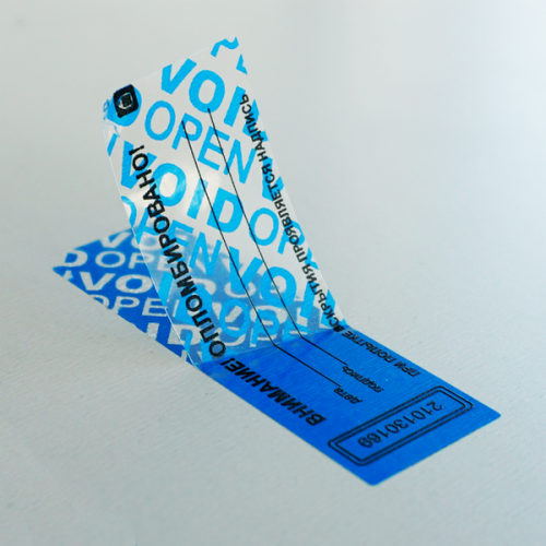 Пломба наклейка синяя глянцевая из полиэстера 6001 VOID/OPEN, с частичным переносом